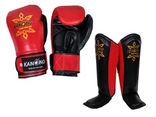 Kanong Gants Boxe + Protège-tibias Boxe Thaï cuir véritable : Rouge/Noir